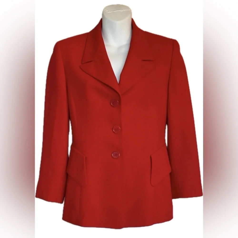 Escada Blazer, women's 34, red Classic, Tailored, Virgin Wool, Flap Pockets EUC